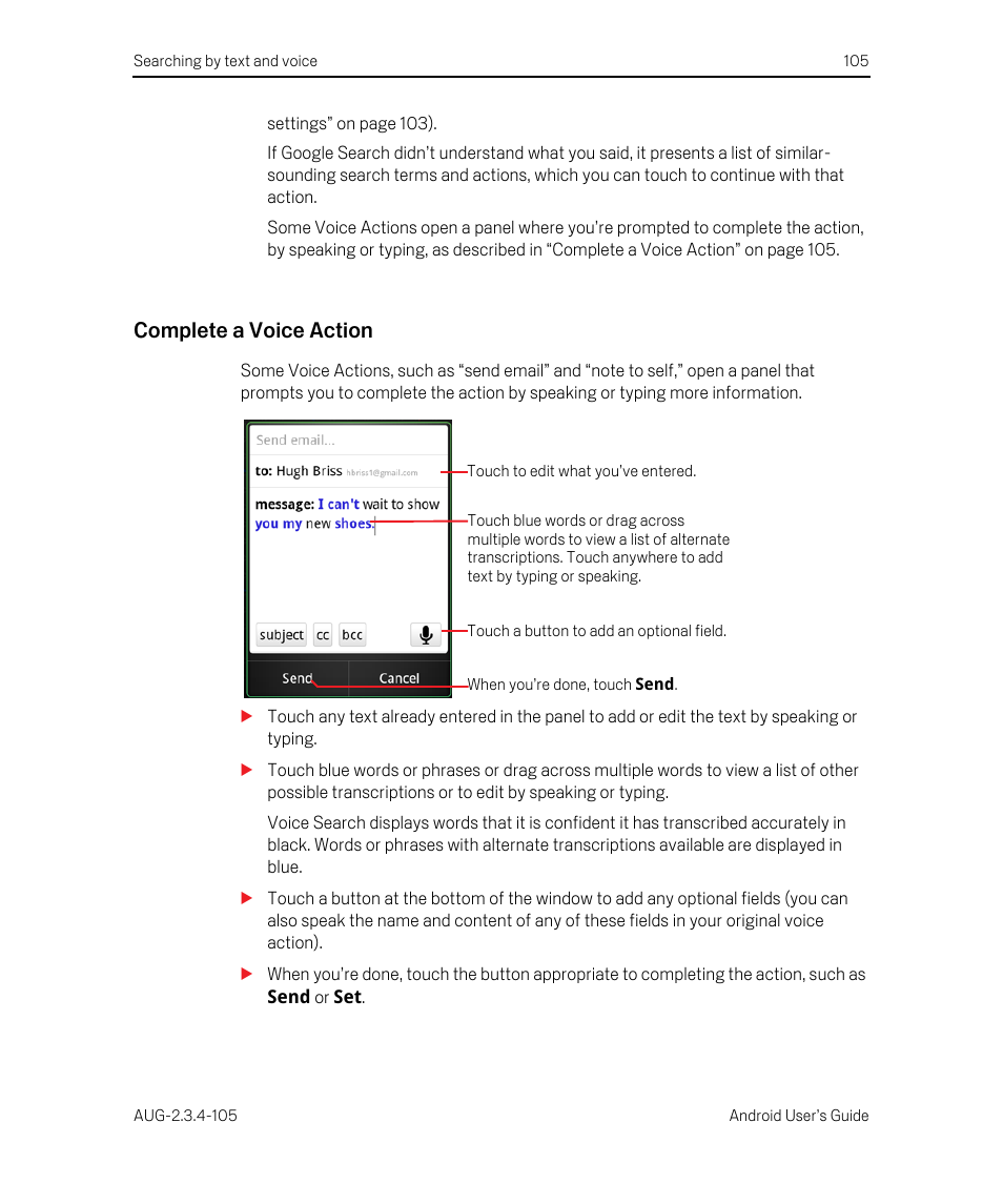 Complete a voice action | Google ANDROID 2.3.4 User Manual | Page 105 / 384