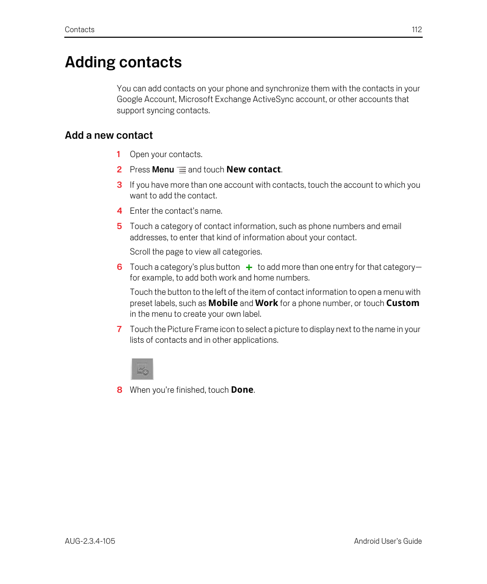 Adding contacts, Add a new contact, Adding contacts 112 | Google ANDROID 2.3.4 User Manual | Page 112 / 384