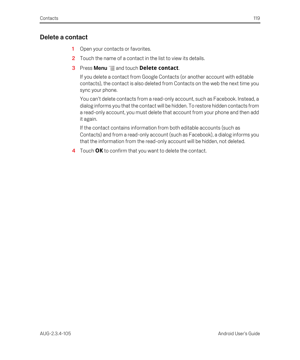 Delete a contact | Google ANDROID 2.3.4 User Manual | Page 119 / 384