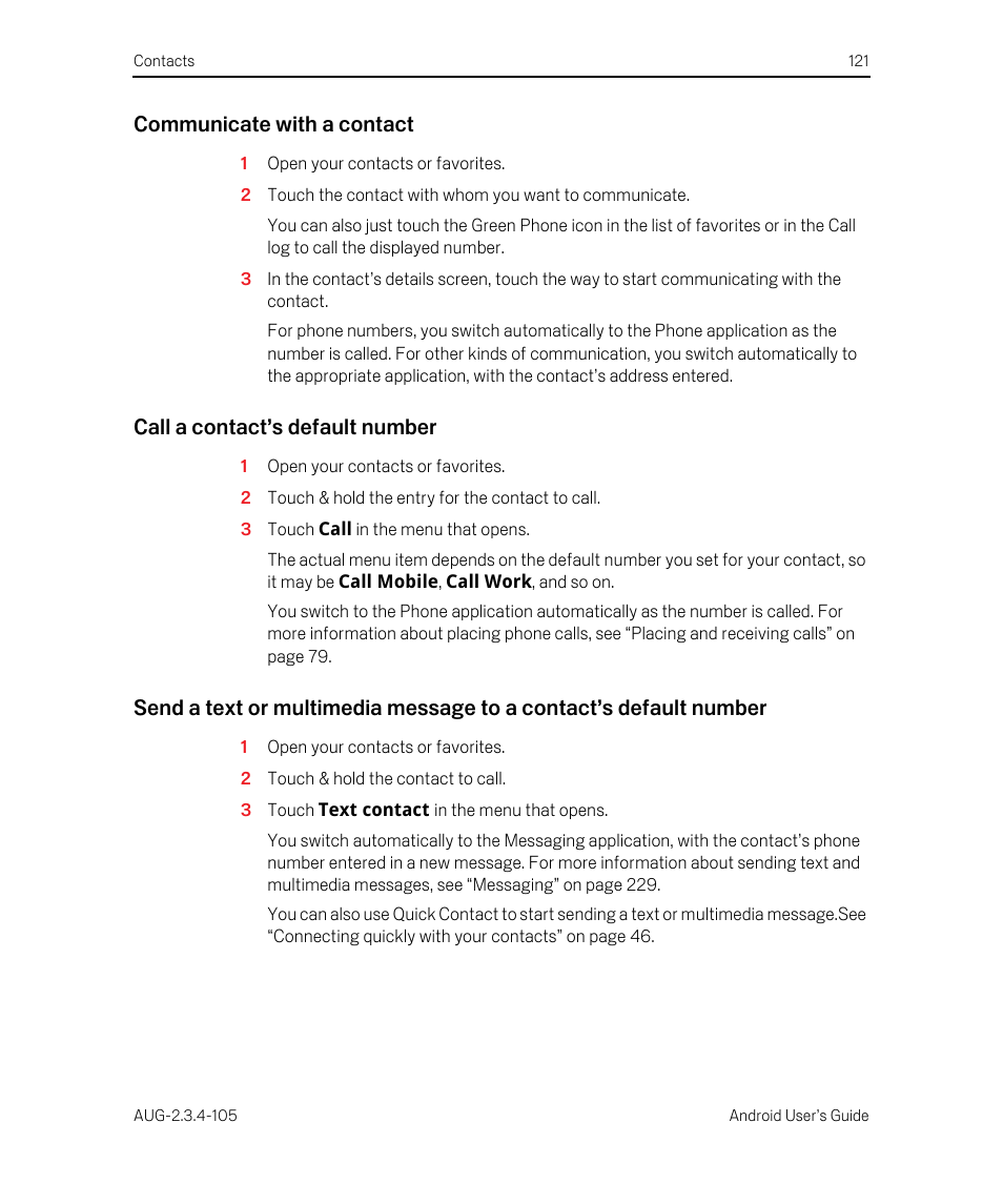 Communicate with a contact, Call a contact’s default number | Google ANDROID 2.3.4 User Manual | Page 121 / 384