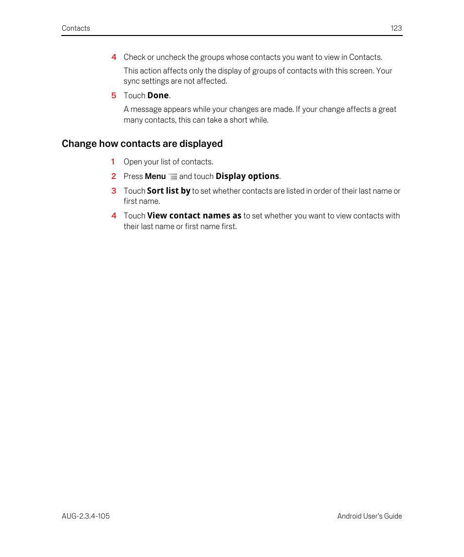 Change how contacts are displayed | Google ANDROID 2.3.4 User Manual | Page 123 / 384