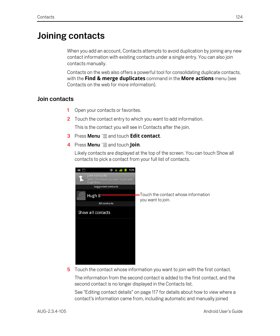 Joining contacts, Join contacts, Joining contacts 124 | Google ANDROID 2.3.4 User Manual | Page 124 / 384