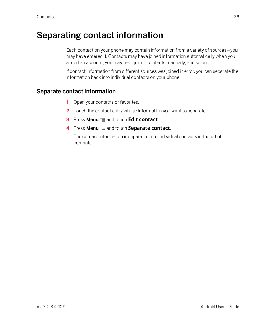 Separating contact information, Separate contact information, Separating contact information 126 | Google ANDROID 2.3.4 User Manual | Page 126 / 384