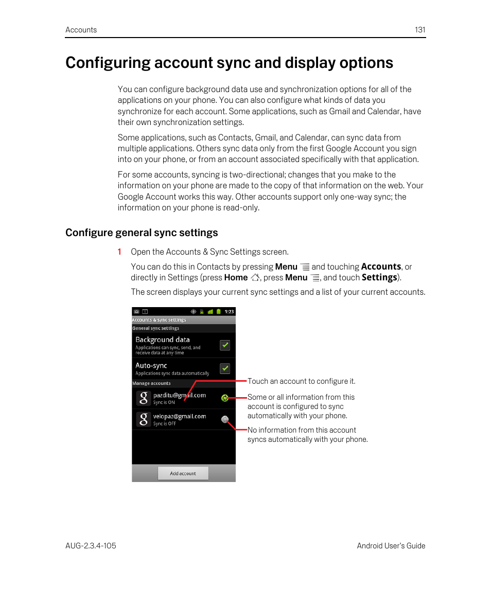 Configuring account sync and display options, Configure general sync settings, Configuring account sync and display options 131 | Google ANDROID 2.3.4 User Manual | Page 131 / 384