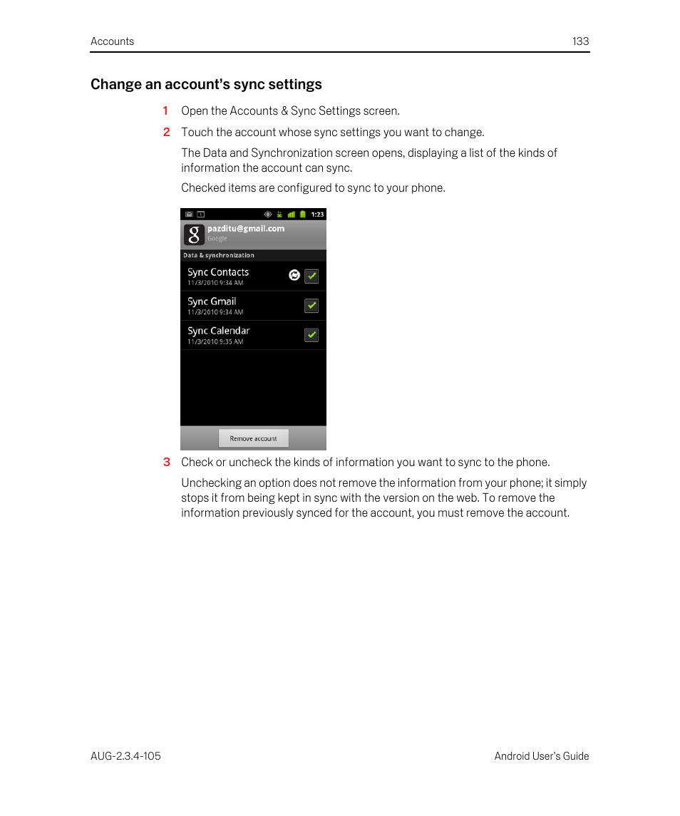 Change an account’s sync settings | Google ANDROID 2.3.4 User Manual | Page 133 / 384