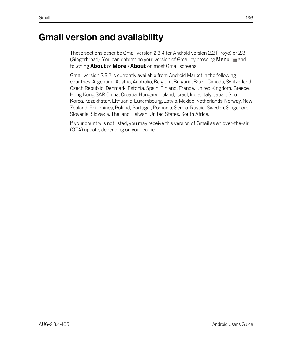 Gmail version and availability, Gmail version and availability 136 | Google ANDROID 2.3.4 User Manual | Page 136 / 384