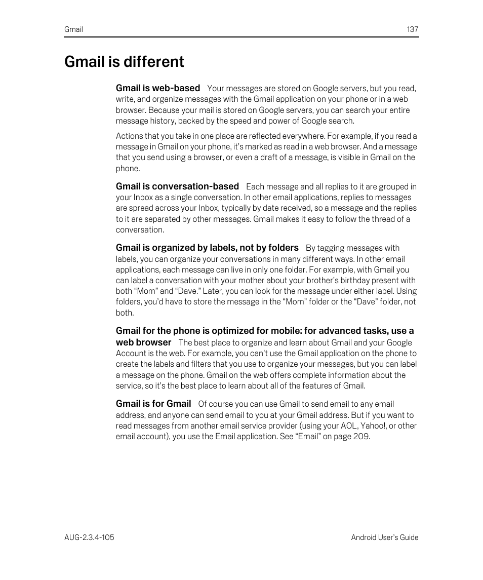 Gmail is different, Gmail is web-based, Gmail is conversation-based | Gmail is organized by labels, not by folders, Gmail is for gmail, Gmail is different 137 | Google ANDROID 2.3.4 User Manual | Page 137 / 384