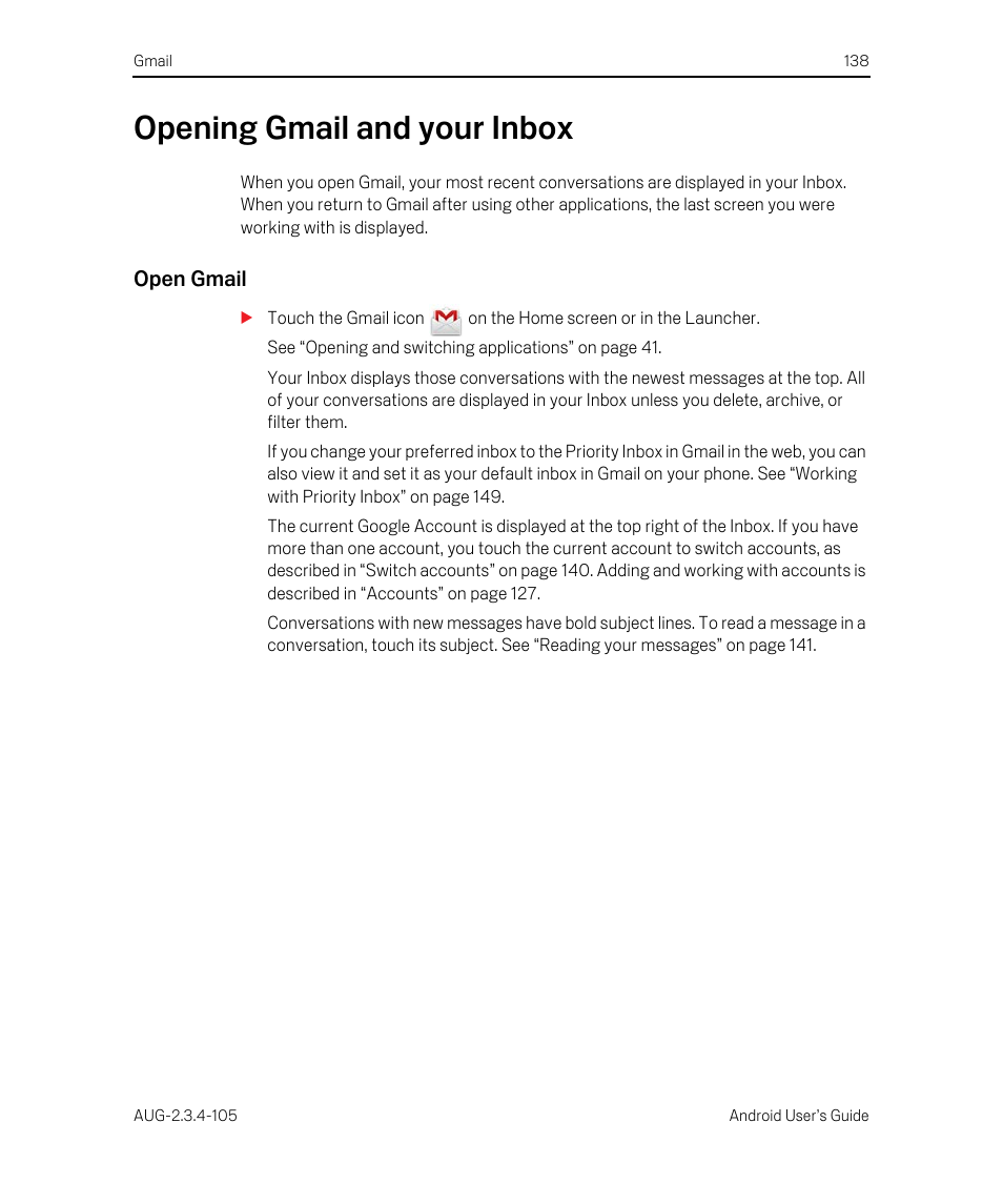 Opening gmail and your inbox, Open gmail, Opening gmail and your inbox 138 | Google ANDROID 2.3.4 User Manual | Page 138 / 384