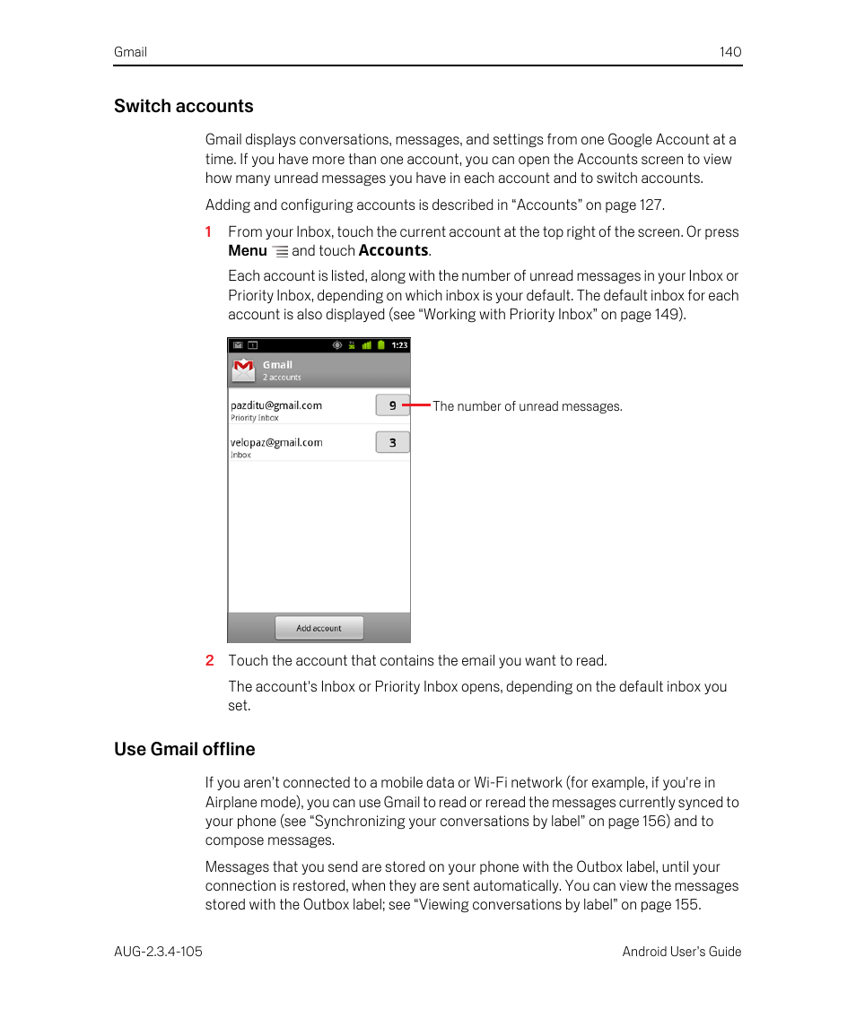 Switch accounts, Use gmail offline | Google ANDROID 2.3.4 User Manual | Page 140 / 384