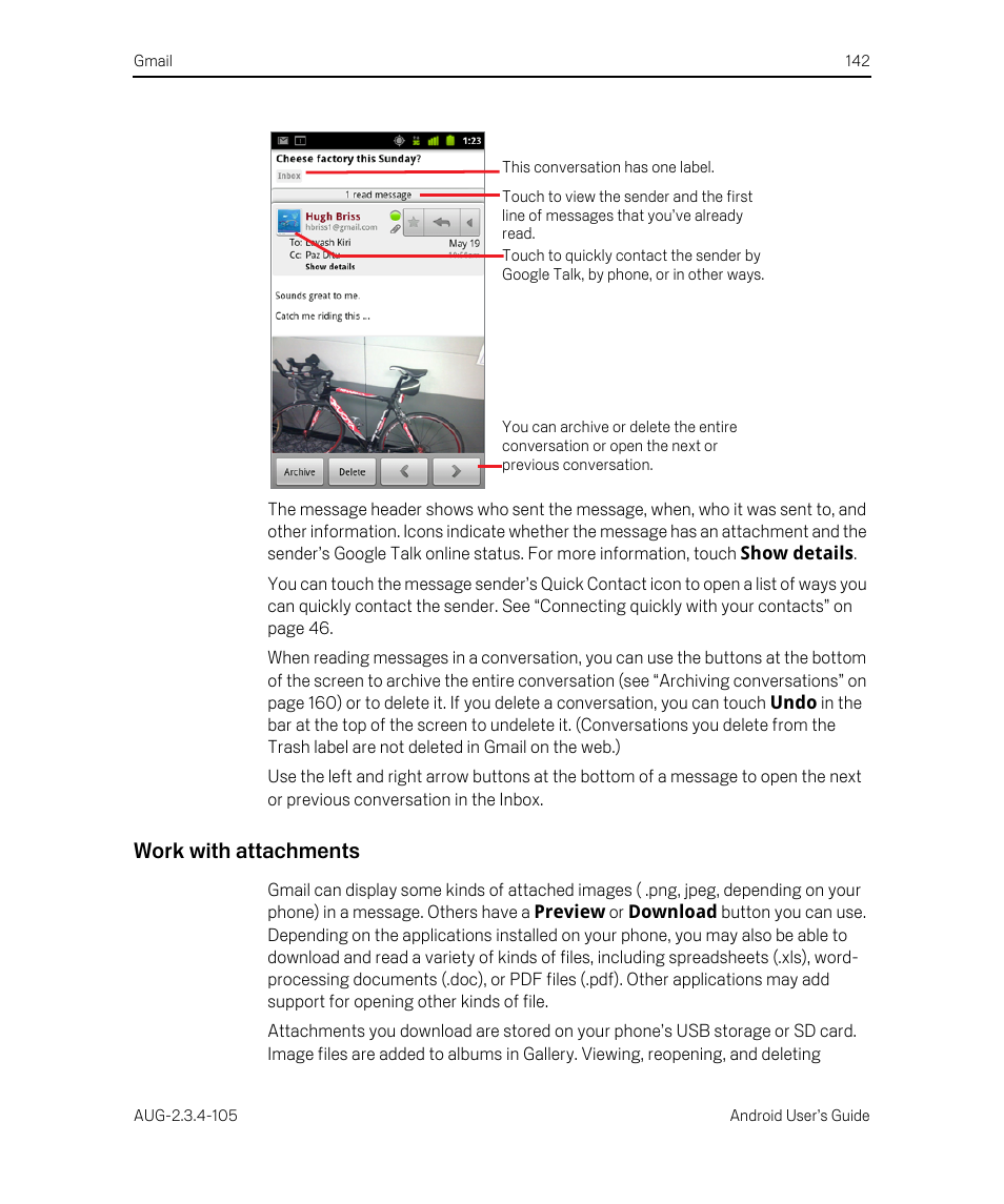 Work with attachments | Google ANDROID 2.3.4 User Manual | Page 142 / 384