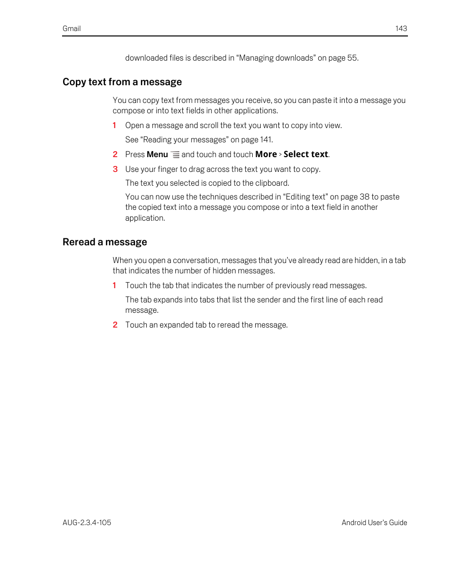 Copy text from a message, Reread a message | Google ANDROID 2.3.4 User Manual | Page 143 / 384