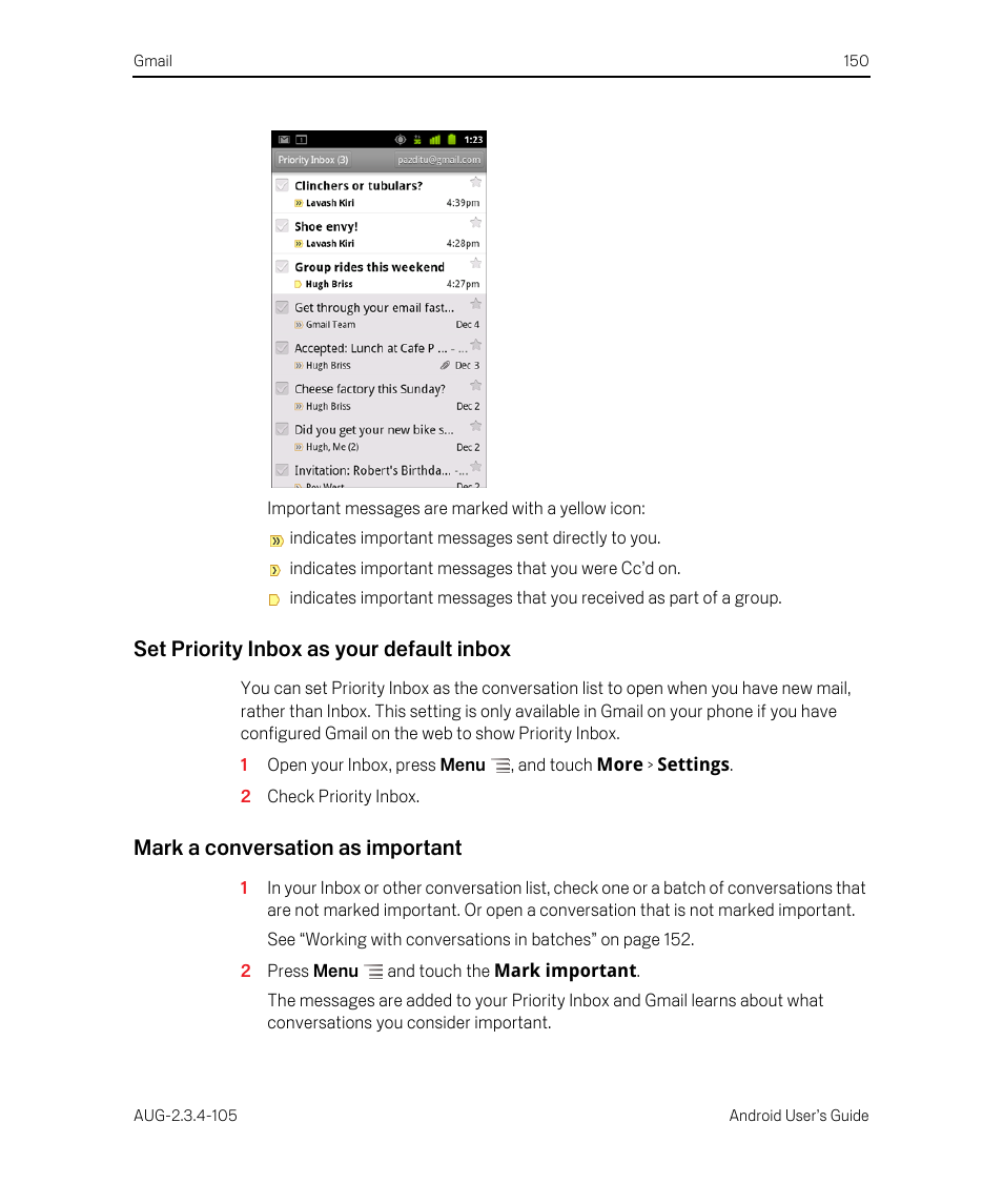 Set priority inbox as your default inbox, Mark a conversation as important | Google ANDROID 2.3.4 User Manual | Page 150 / 384