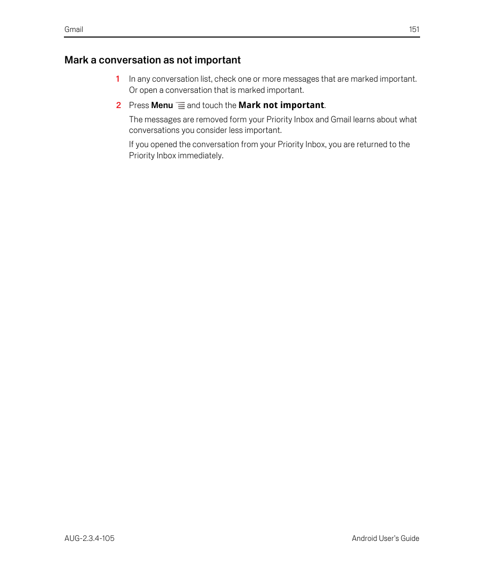 Mark a conversation as not important | Google ANDROID 2.3.4 User Manual | Page 151 / 384