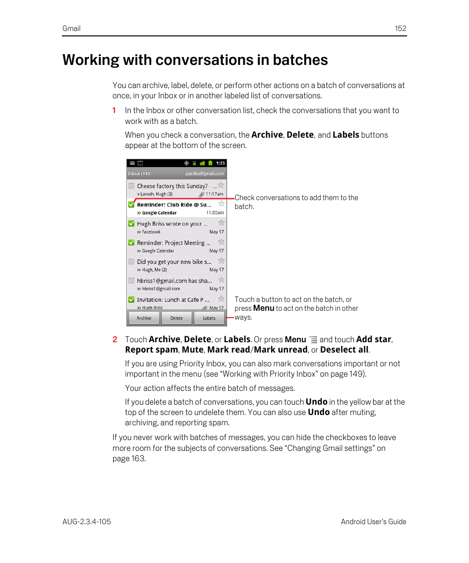 Working with conversations in batches, Working with conversations in batches 152 | Google ANDROID 2.3.4 User Manual | Page 152 / 384