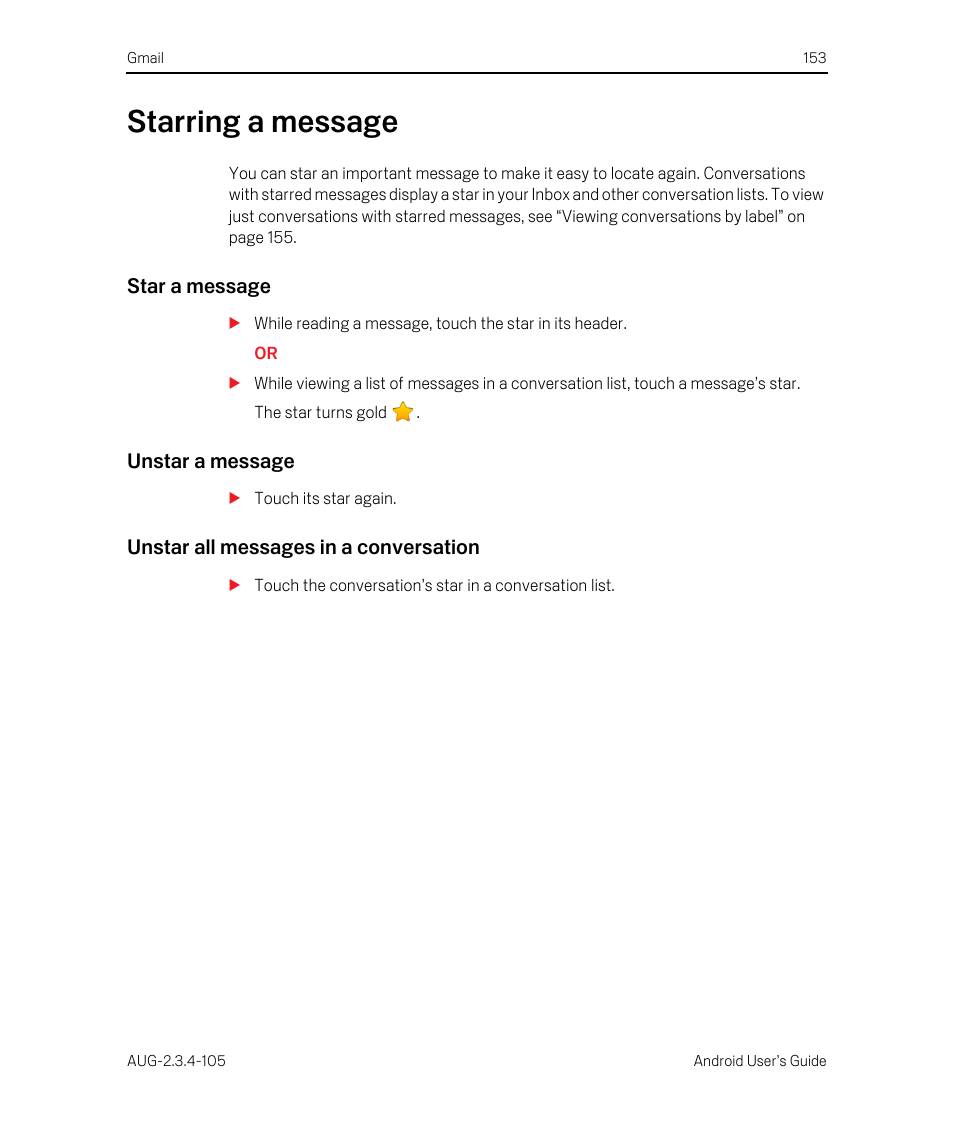 Starring a message, Star a message, Unstar a message | Unstar all messages in a conversation, Starring a message 153 | Google ANDROID 2.3.4 User Manual | Page 153 / 384