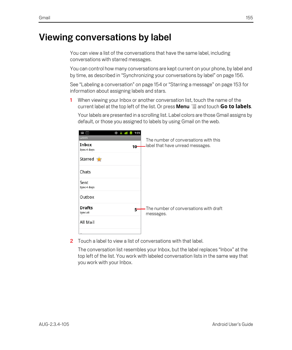 Viewing conversations by label, Viewing conversations by label 155 | Google ANDROID 2.3.4 User Manual | Page 155 / 384