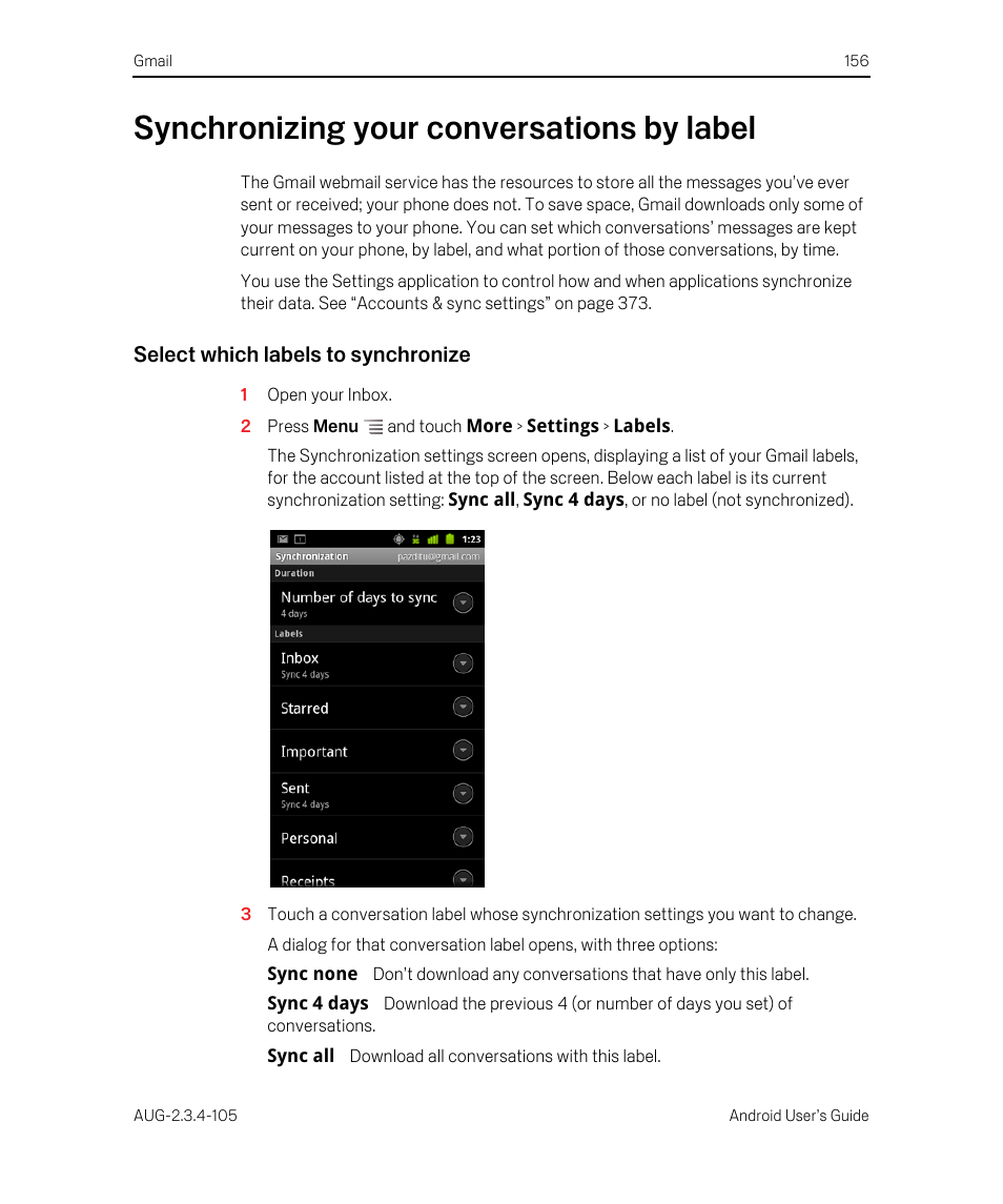 Synchronizing your conversations by label, Select which labels to synchronize, Synchronizing your conversations by label 156 | Google ANDROID 2.3.4 User Manual | Page 156 / 384