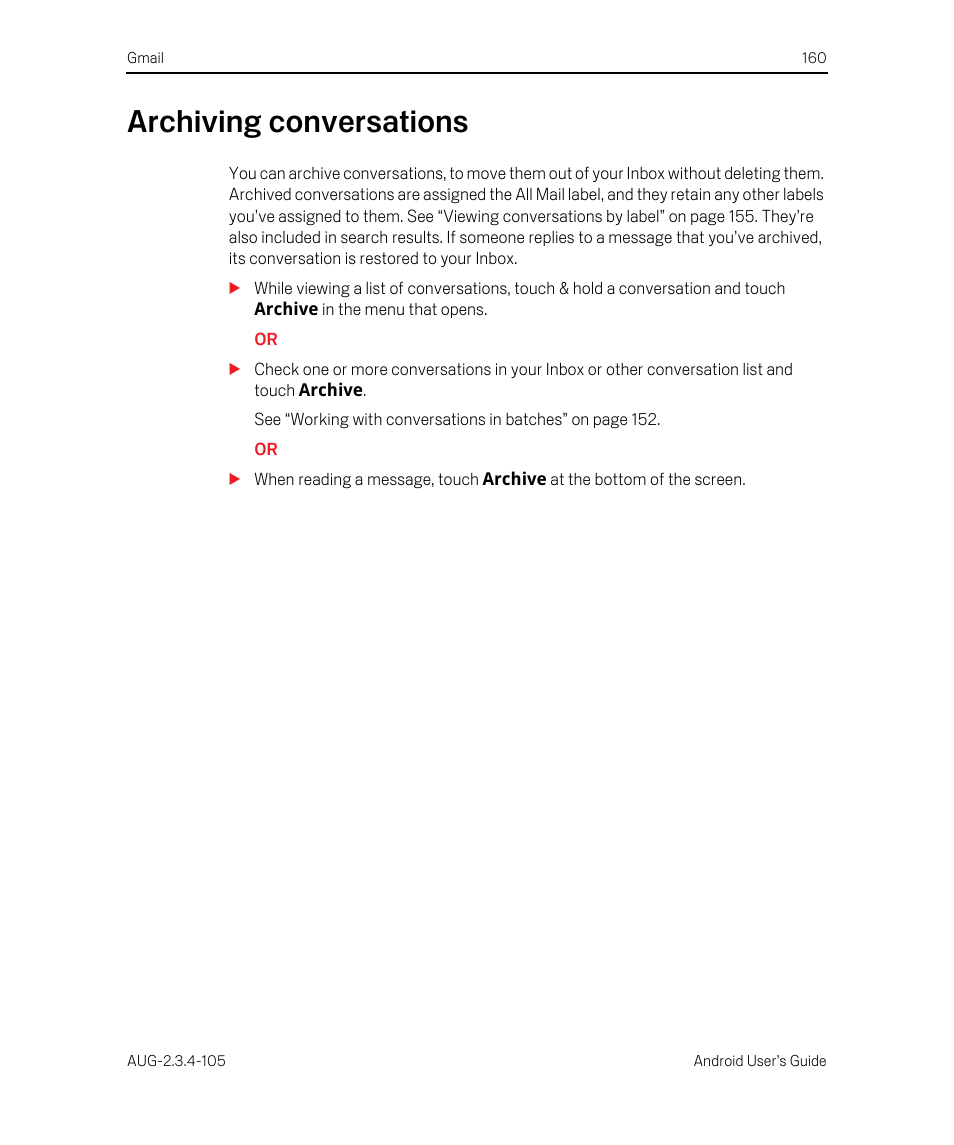 Archiving conversations, Archiving conversations 160 | Google ANDROID 2.3.4 User Manual | Page 160 / 384