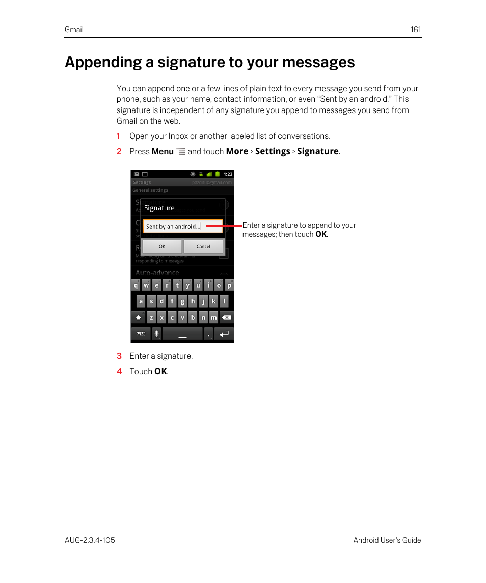 Appending a signature to your messages, Appending a signature to your messages 161 | Google ANDROID 2.3.4 User Manual | Page 161 / 384