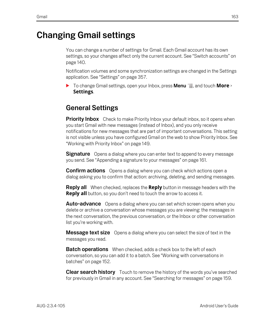 Changing gmail settings, General settings, Priority inbox | Signature, Confirm actions, Reply all, Auto-advance, Message text size, Batch operations, Clear search history | Google ANDROID 2.3.4 User Manual | Page 163 / 384