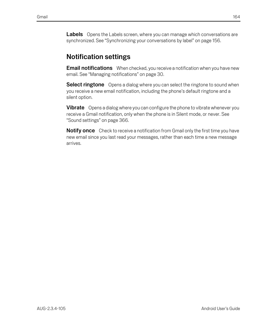 Labels, Notification settings, Email notifications | Select ringtone, Vibrate, Notify once, Notification settings 164 | Google ANDROID 2.3.4 User Manual | Page 164 / 384