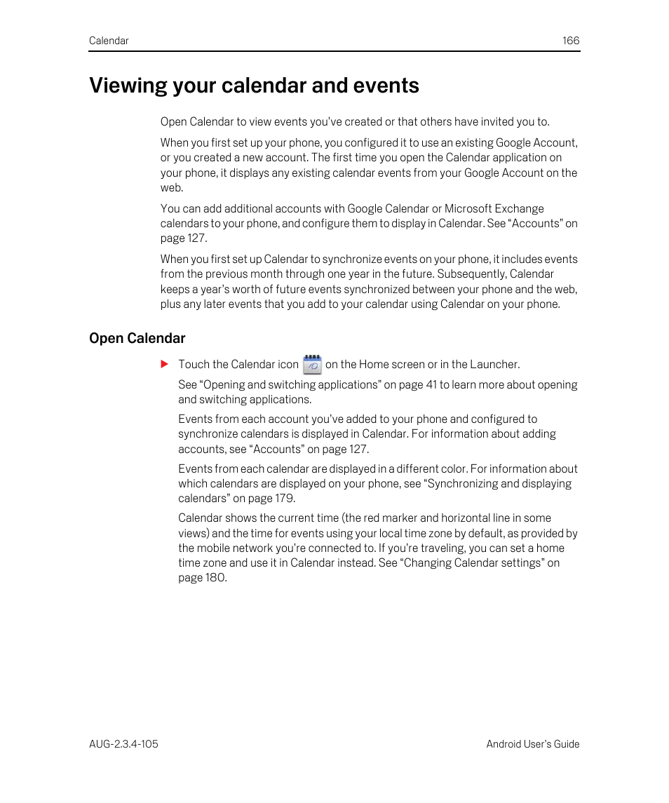 Viewing your calendar and events, Open calendar, Viewing your calendar and events 166 | Google ANDROID 2.3.4 User Manual | Page 166 / 384