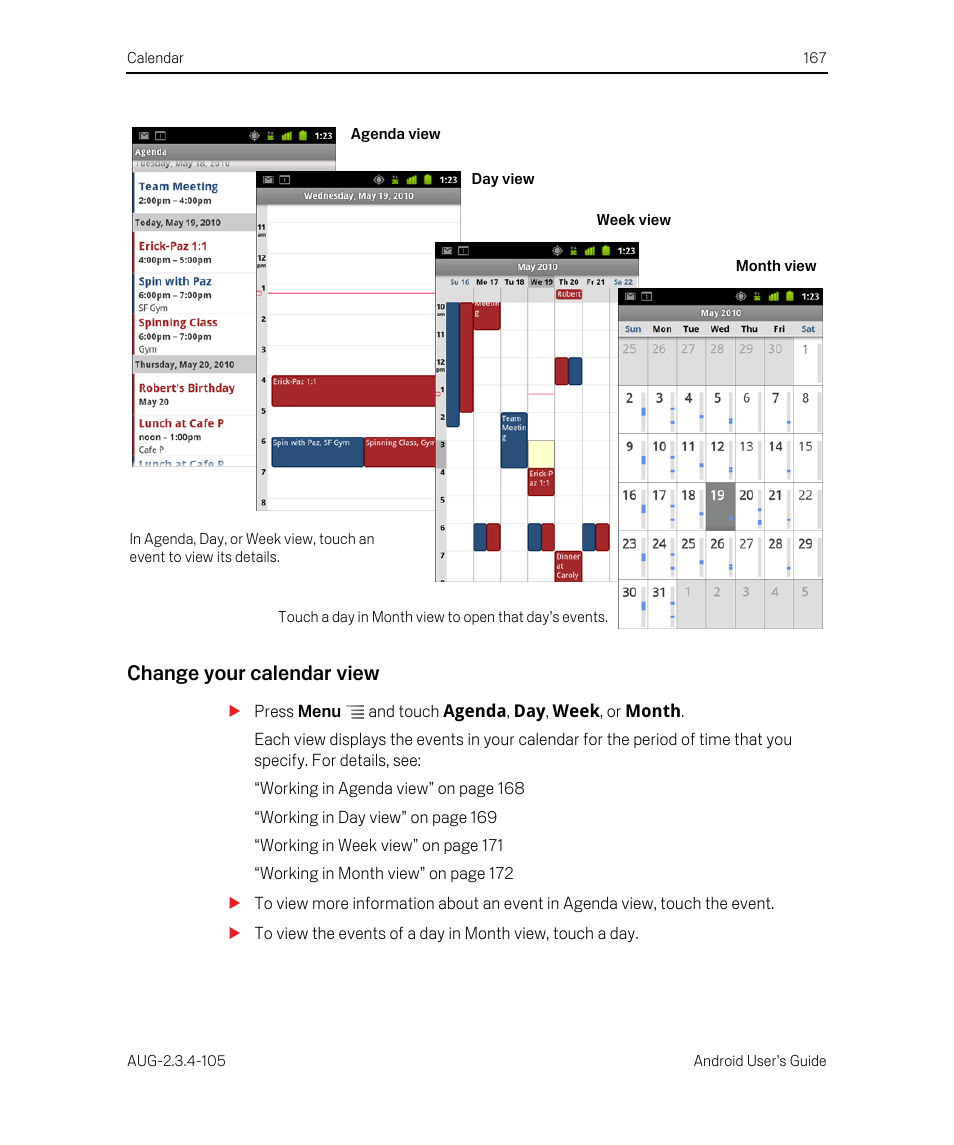 Change your calendar view | Google ANDROID 2.3.4 User Manual | Page 167 / 384