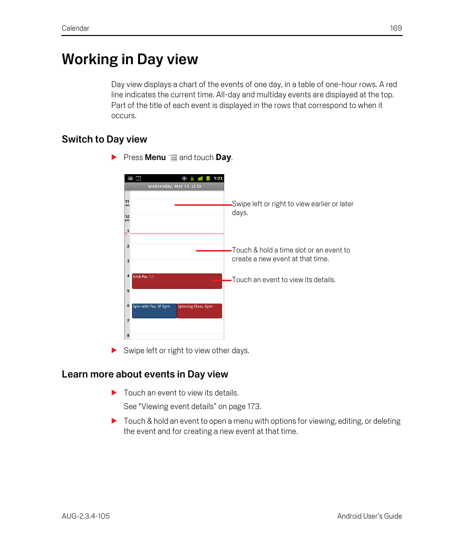 Working in day view, Switch to day view, Learn more about events in day view | Working in day view 169 | Google ANDROID 2.3.4 User Manual | Page 169 / 384