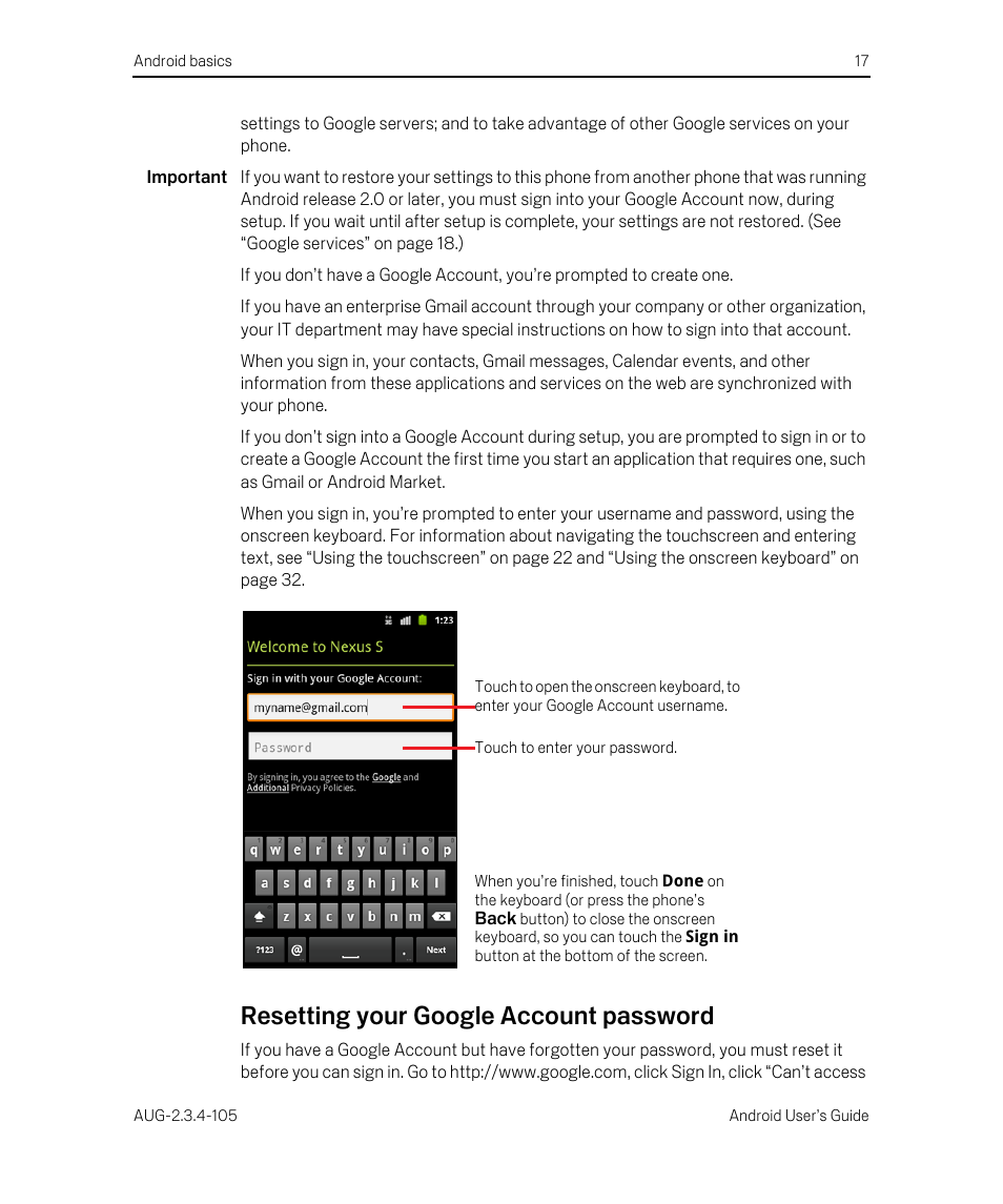 Resetting your google account password, Resetting your google account password 17 | Google ANDROID 2.3.4 User Manual | Page 17 / 384