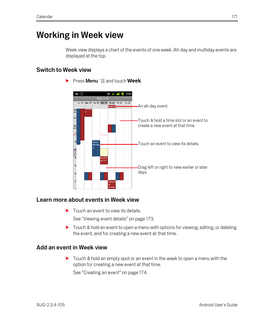 Working in week view, Switch to week view, Learn more about events in week view | Add an event in week view, Working in week view 171 | Google ANDROID 2.3.4 User Manual | Page 171 / 384