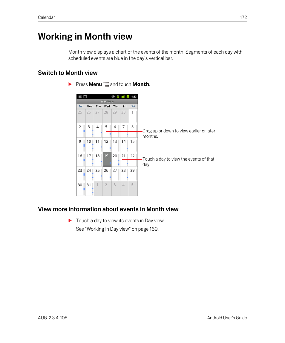 Working in month view, Switch to month view, View more information about events in month view | Working in month view 172 | Google ANDROID 2.3.4 User Manual | Page 172 / 384