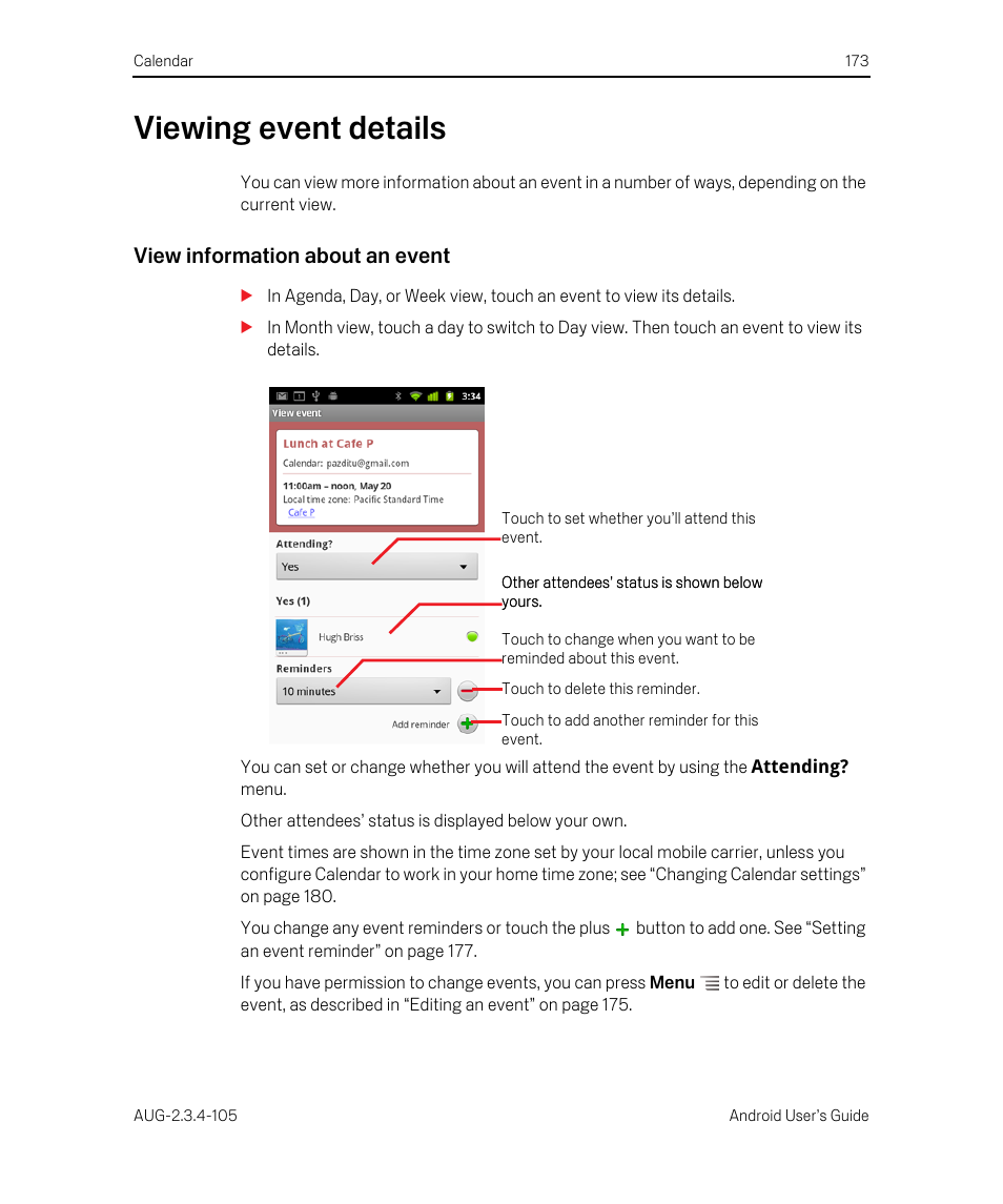 Viewing event details, View information about an event, Viewing event details 173 | Google ANDROID 2.3.4 User Manual | Page 173 / 384