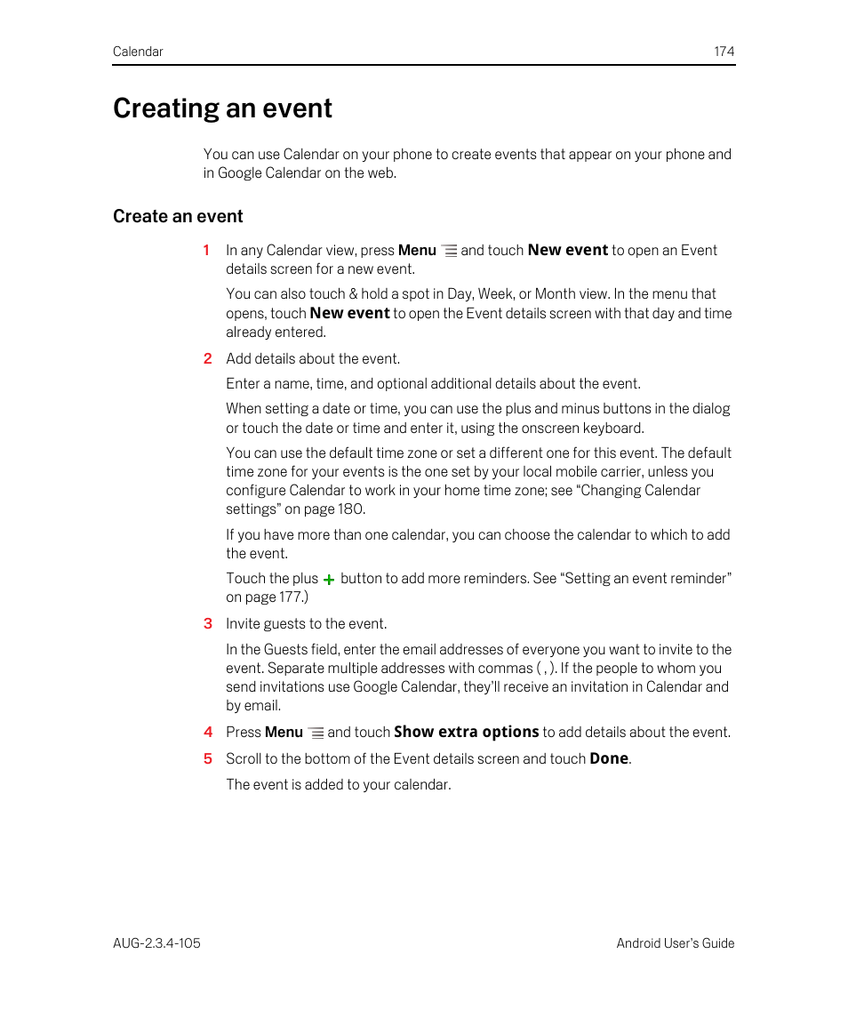 Creating an event, Create an event, Creating an event 174 | Google ANDROID 2.3.4 User Manual | Page 174 / 384