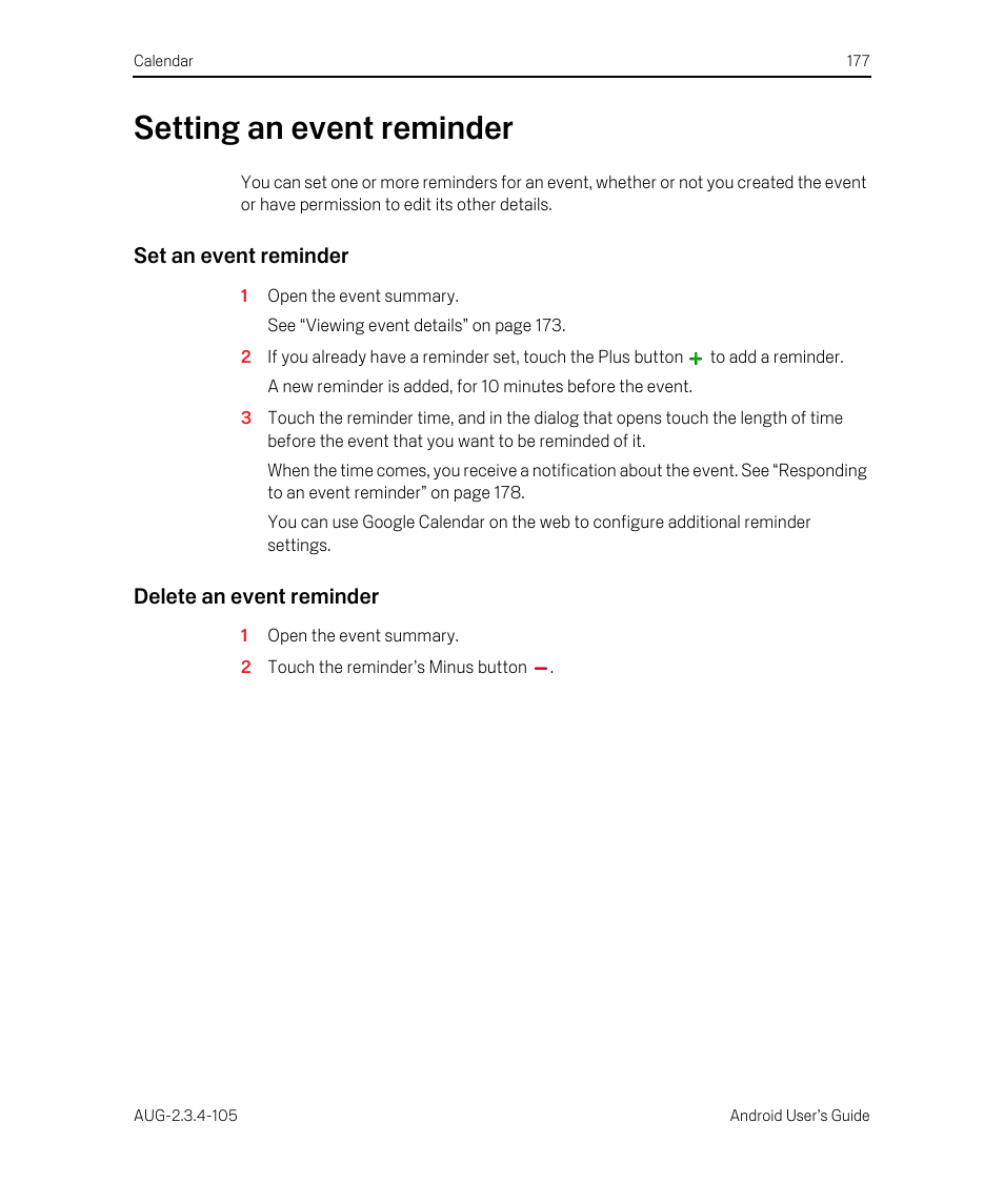 Setting an event reminder, Set an event reminder, Delete an event reminder | Setting an event reminder 177, Button to add one. see “setting | Google ANDROID 2.3.4 User Manual | Page 177 / 384