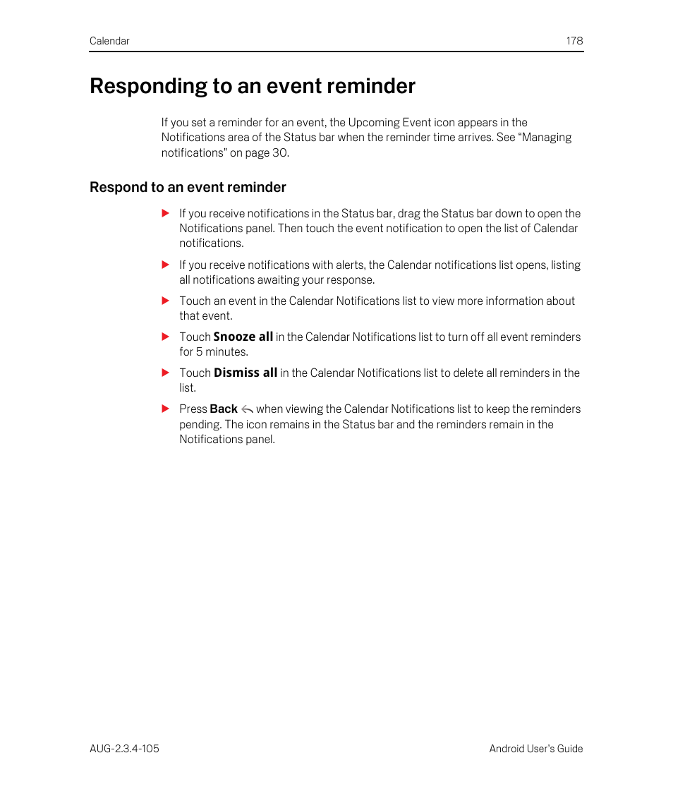 Responding to an event reminder, Respond to an event reminder, Responding to an event reminder 178 | Google ANDROID 2.3.4 User Manual | Page 178 / 384