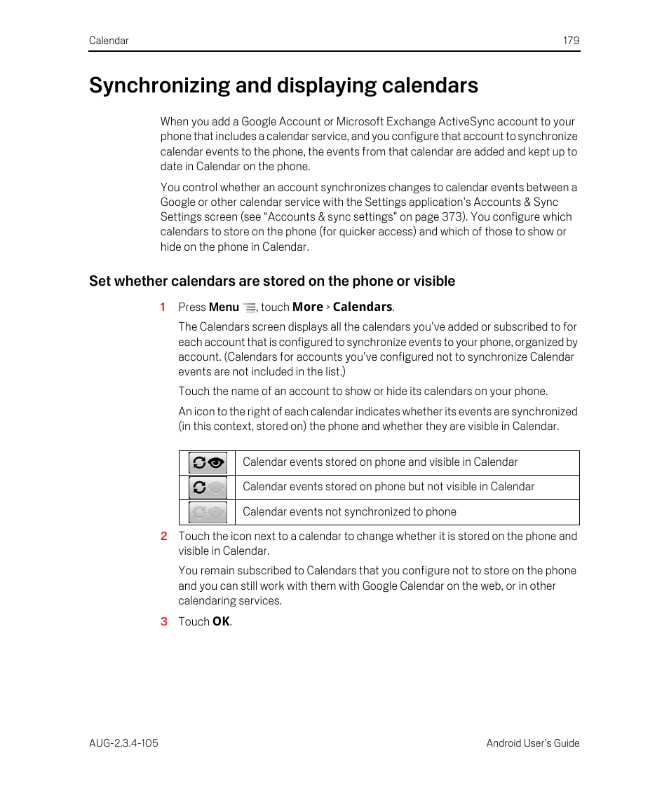 Synchronizing and displaying calendars, Synchronizing and displaying calendars 179 | Google ANDROID 2.3.4 User Manual | Page 179 / 384