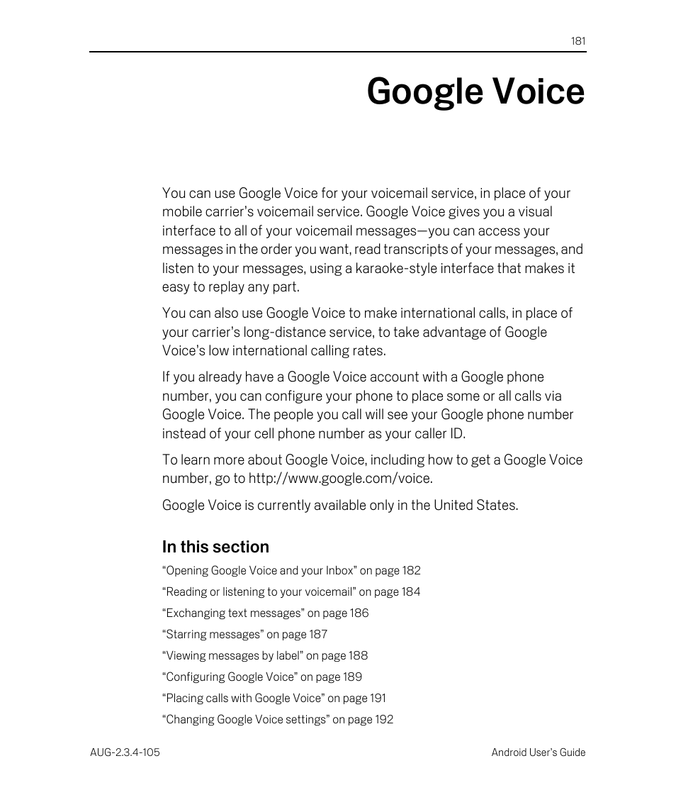 Google voice, Google voice 181 | Google ANDROID 2.3.4 User Manual | Page 181 / 384