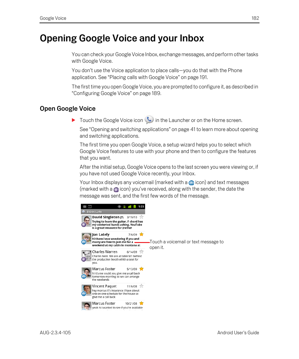 Opening google voice and your inbox, Open google voice, Opening google voice and your inbox 182 | Google ANDROID 2.3.4 User Manual | Page 182 / 384