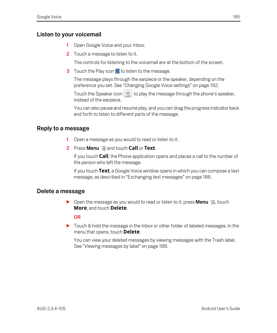 Listen to your voicemail, Reply to a message, Delete a message | Google ANDROID 2.3.4 User Manual | Page 185 / 384