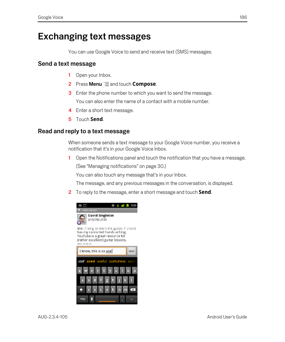 Exchanging text messages, Send a text message, Read and reply to a text message | Exchanging text messages 186 | Google ANDROID 2.3.4 User Manual | Page 186 / 384