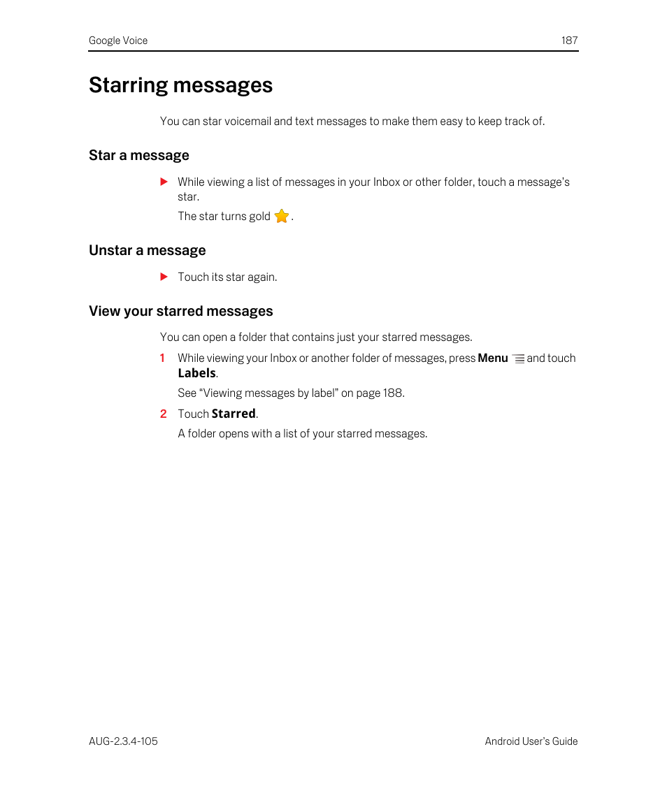 Starring messages, Star a message, Unstar a message | View your starred messages, Starring messages 187 | Google ANDROID 2.3.4 User Manual | Page 187 / 384