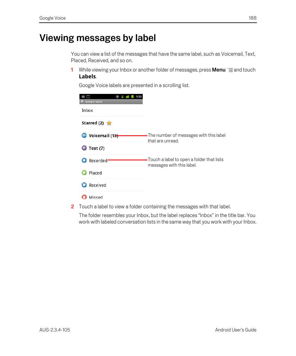 Viewing messages by label, Viewing messages by label 188 | Google ANDROID 2.3.4 User Manual | Page 188 / 384