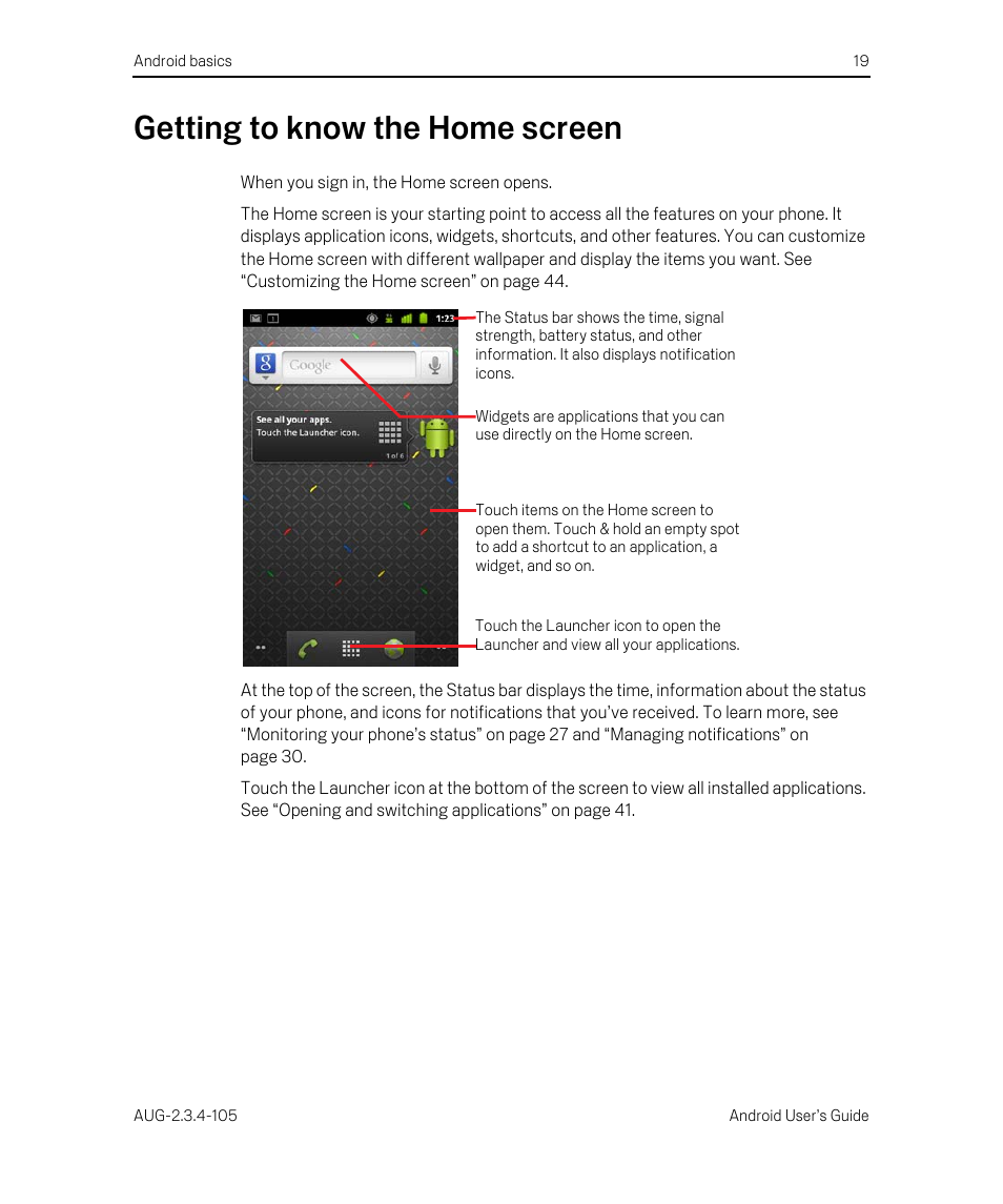 Getting to know the home screen, Getting to know the home screen 19 | Google ANDROID 2.3.4 User Manual | Page 19 / 384