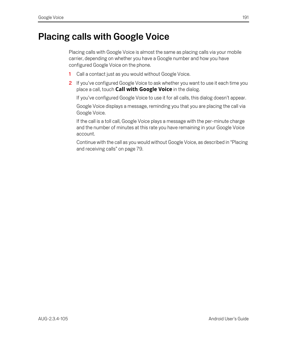 Placing calls with google voice, Placing calls with google voice 191 | Google ANDROID 2.3.4 User Manual | Page 191 / 384