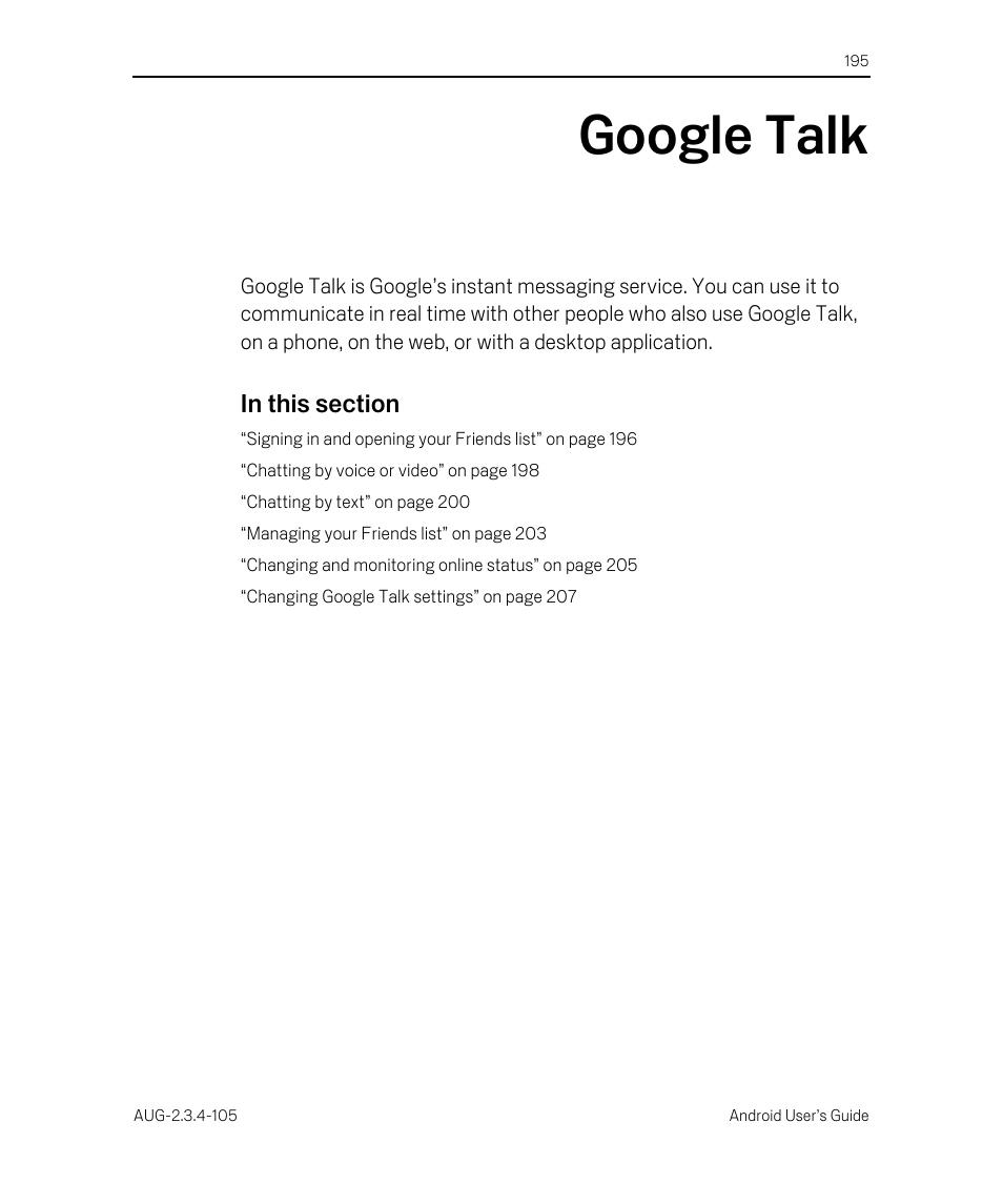 Google talk, Google talk 195 | Google ANDROID 2.3.4 User Manual | Page 195 / 384