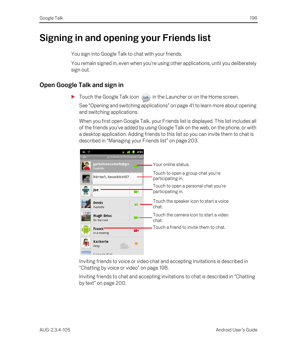 Signing in and opening your friends list, Open google talk and sign in, Signing in and opening your friends list 196 | Google ANDROID 2.3.4 User Manual | Page 196 / 384