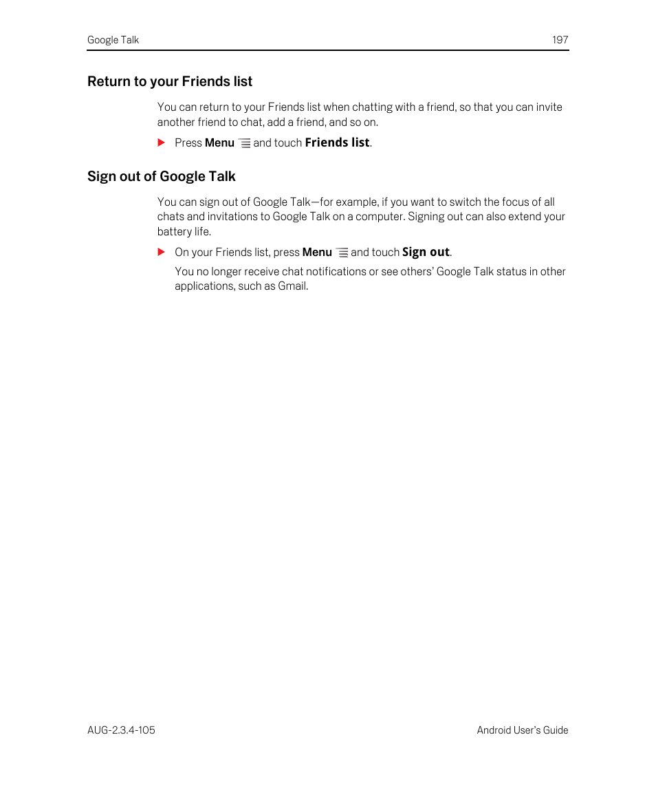 Return to your friends list, Sign out of google talk | Google ANDROID 2.3.4 User Manual | Page 197 / 384