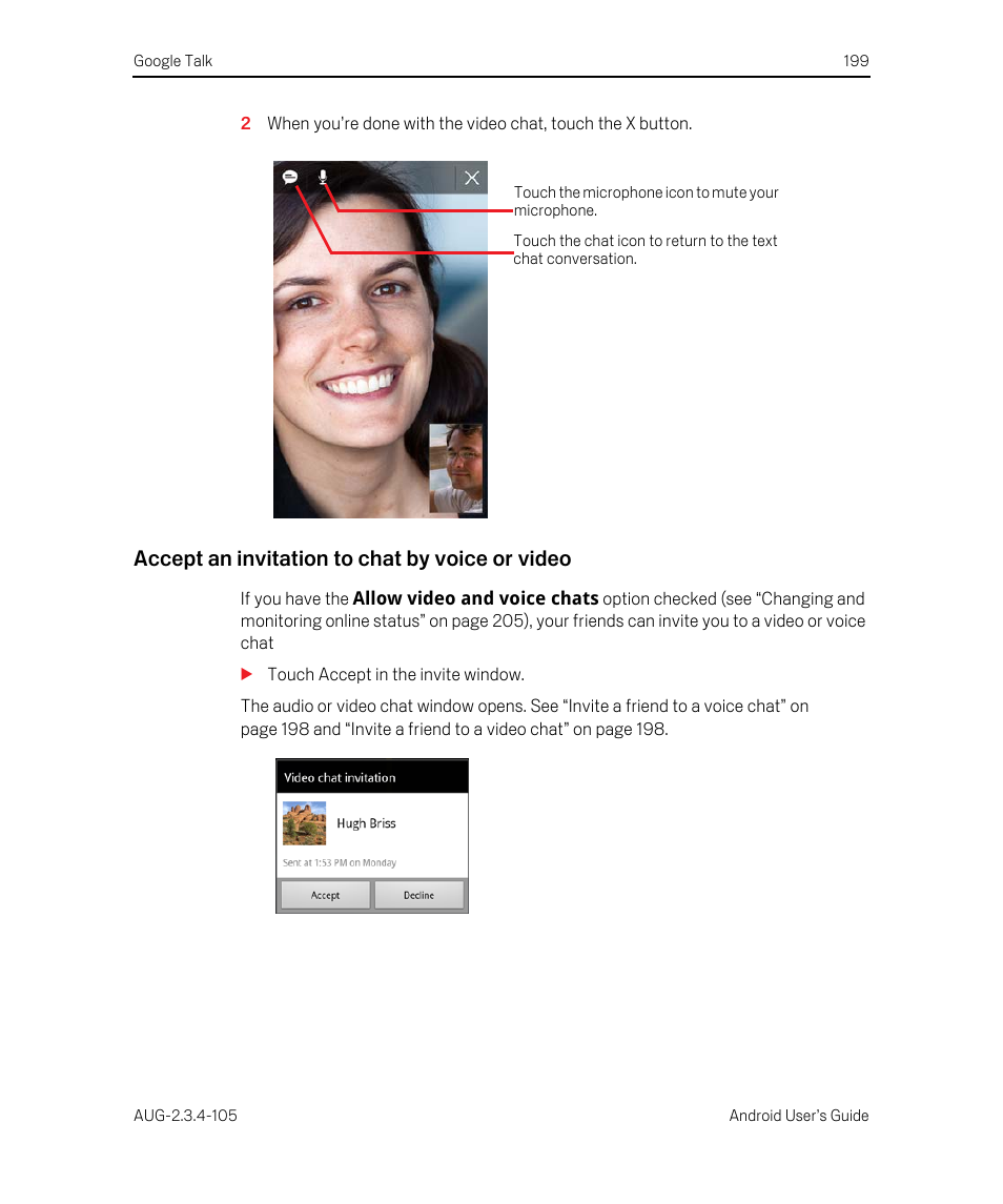 Accept an invitation to chat by voice or video | Google ANDROID 2.3.4 User Manual | Page 199 / 384