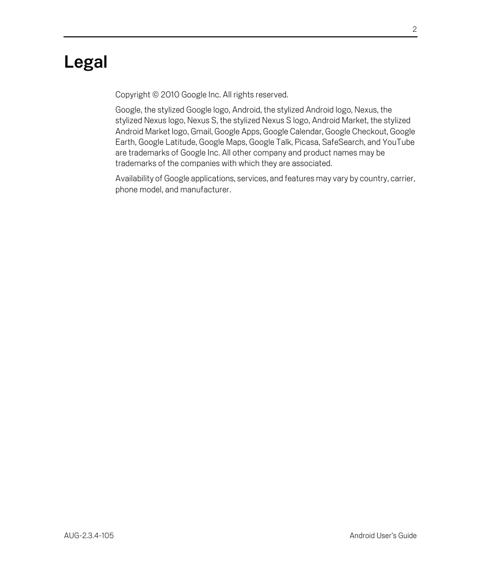 Legal | Google ANDROID 2.3.4 User Manual | Page 2 / 384