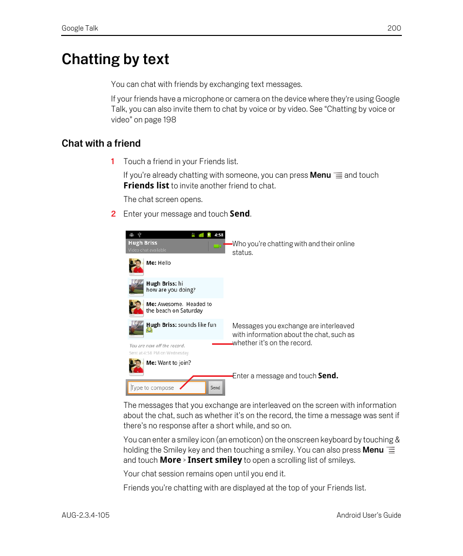 Chatting by text, Chat with a friend, Chatting by text 200 | Google ANDROID 2.3.4 User Manual | Page 200 / 384